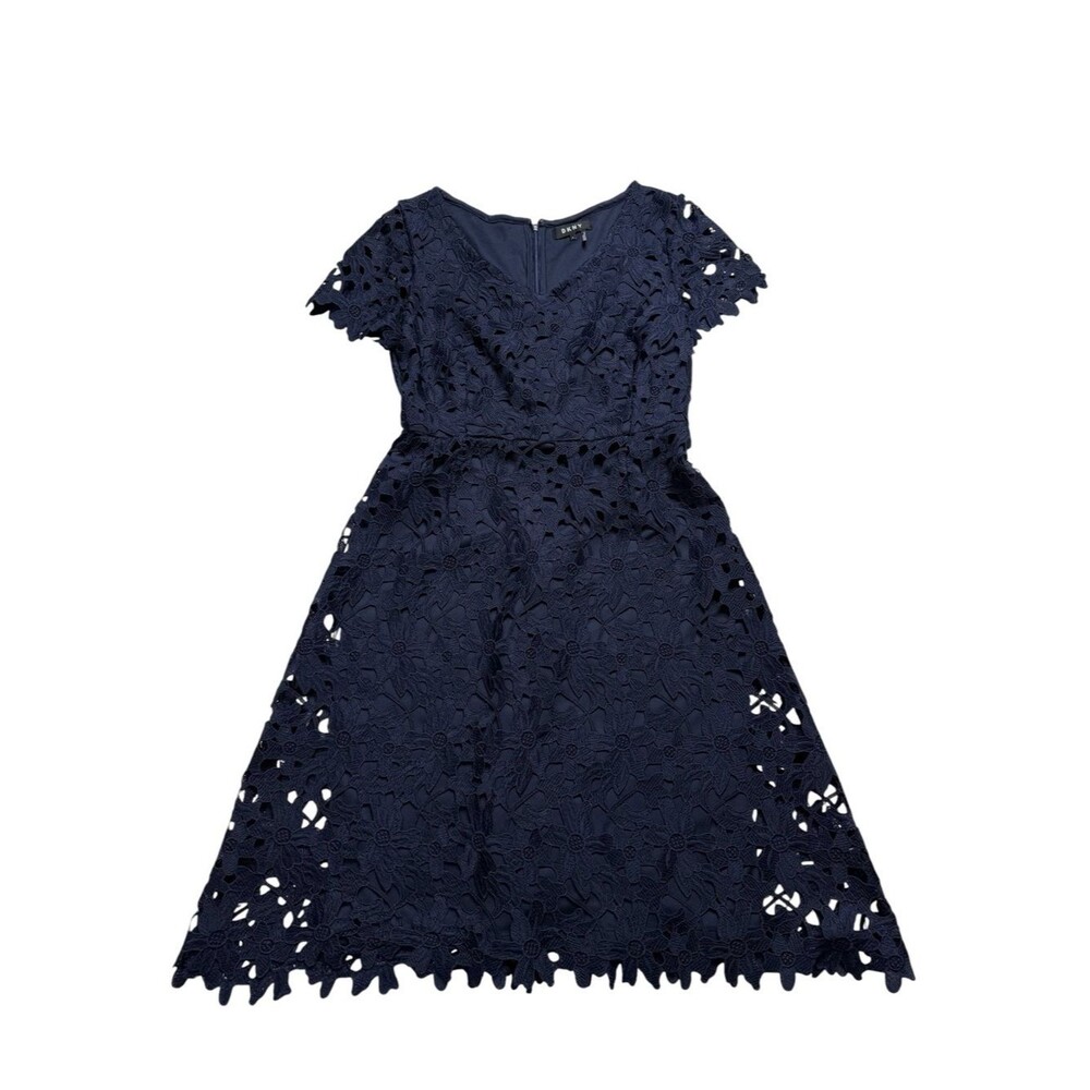 DKNY Floral Lace Overlay Dress Blue Lined Sz 6